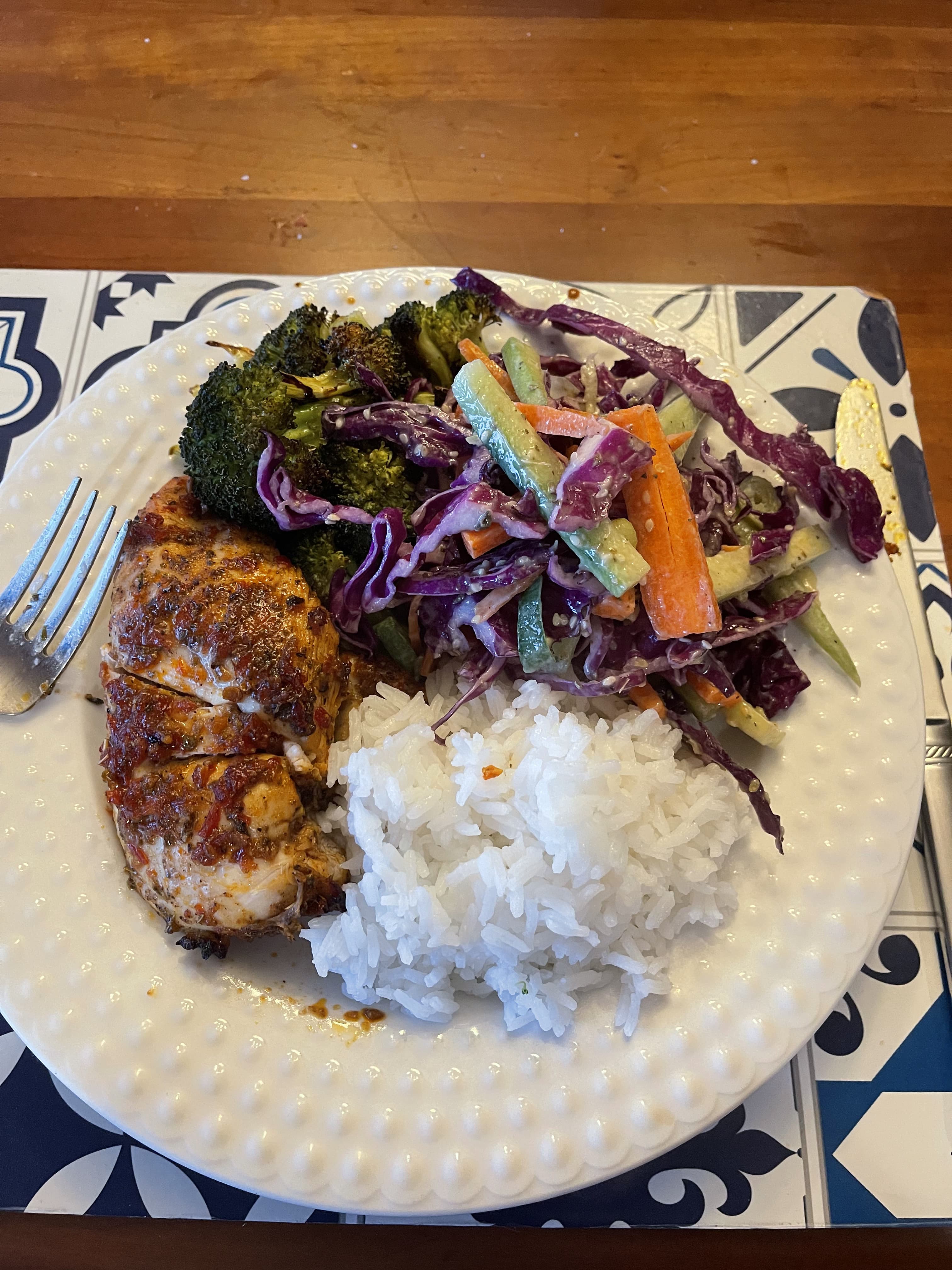 Harissa Honey Chicken with Za'atar Roasted Broccoli and Sumac Slaw